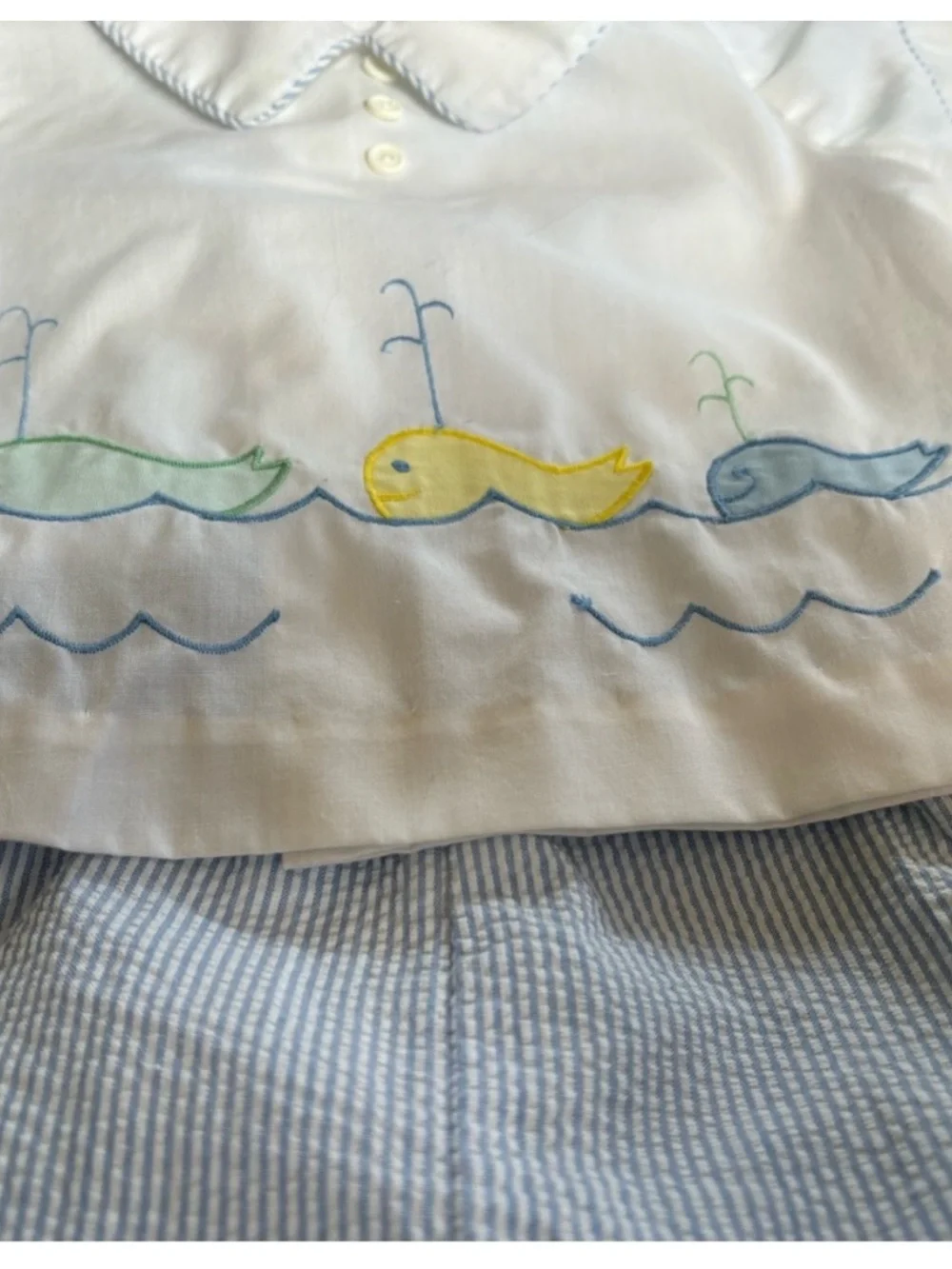 Vintage 1993 Seersucker Embroidered Whales 2 Piece Romper Set Blue Baby 6-9 M